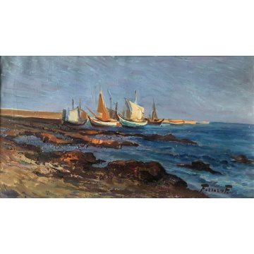 GRANDE QUADRO DIPINTO OLIO Ferruccio Ferrario SARDEGNA Cala Gonone il Porto '900