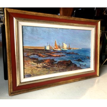 GRANDE QUADRO DIPINTO OLIO Ferruccio Ferrario SARDEGNA Cala Gonone il Porto '900