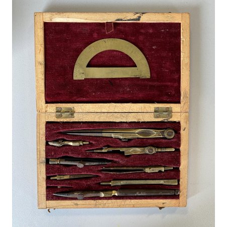COMPASSO ANTICO con SCATOLA LEGNO pezzi vari VECCHI STRUMENTI disegno tecnico
