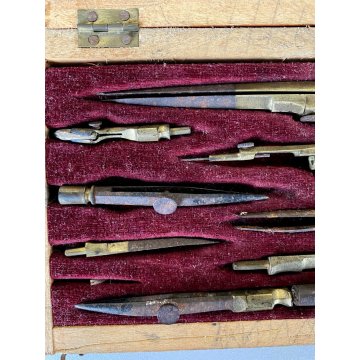 COMPASSO ANTICO con SCATOLA LEGNO pezzi vari VECCHI STRUMENTI disegno tecnico