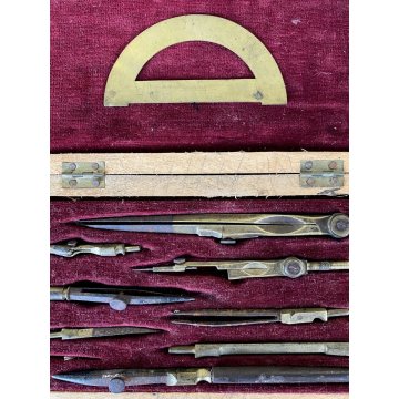 COMPASSO ANTICO con SCATOLA LEGNO pezzi vari VECCHI STRUMENTI disegno tecnico