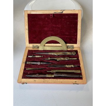 COMPASSO ANTICO con SCATOLA LEGNO pezzi vari VECCHI STRUMENTI disegno tecnico