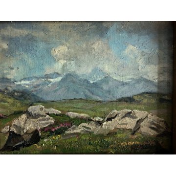 ANTICO DIPINTO OLIO TAVOLA Gigi Comolli PAESAGGIO MONTANO ALPI  PRIMAVERA NEVE