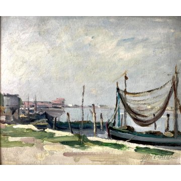 ANTICO DIPINTO OLIO Gigi Comolli PAESAGGIO LAGUNARE "Chioggia" Sottomarina" '900