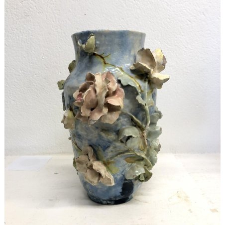 ANTICO VASO BARBOTINE FLOREALE CERAMICA POLICROMA ROSE FOGLIE ART DECO'  '30