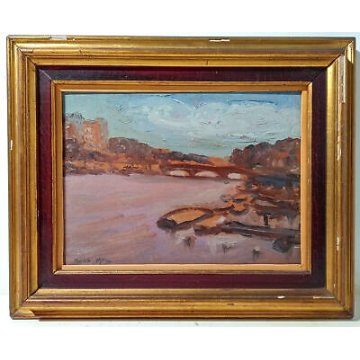 ANTICO DIPINTO QUADRO OLIO TAVOLA ZURIGO LIMMAT PONTE MUNSTERBRUCKE SVIZZERA