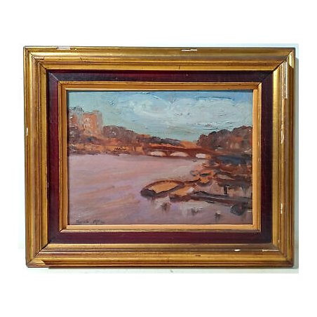 ANTICO DIPINTO QUADRO OLIO TAVOLA ZURIGO LIMMAT PONTE MUNSTERBRUCKE SVIZZERA