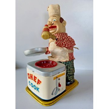 RARO GIOCATTOLO DI LATTA Chef Cook  Yonezawa a BATTERIA DECORO LITO Giappone '50