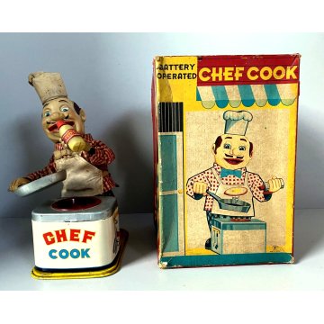 RARO GIOCATTOLO DI LATTA Chef Cook  Yonezawa a BATTERIA DECORO LITO Giappone '50