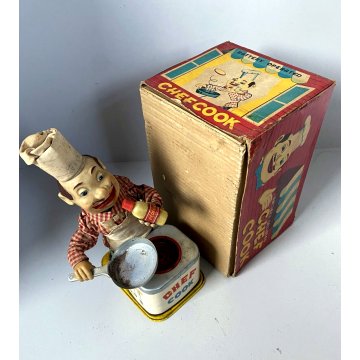 RARO GIOCATTOLO DI LATTA Chef Cook  Yonezawa a BATTERIA DECORO LITO Giappone '50