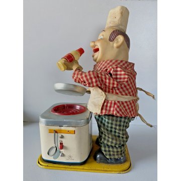 RARO GIOCATTOLO DI LATTA Chef Cook  Yonezawa a BATTERIA DECORO LITO Giappone '50