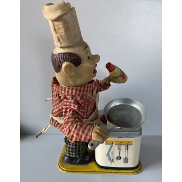 RARO GIOCATTOLO DI LATTA Chef Cook  Yonezawa a BATTERIA DECORO LITO Giappone '50