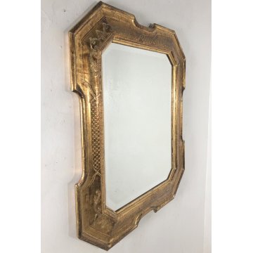 ANTICO SPECCHIO SPECCHIERA VASSOIO FOGLIA ORO CORNICE DECORO BULINO 59x72 cm 800