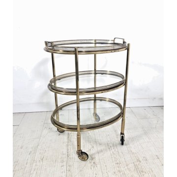 PICCOLO CARRELLO OVALE 3 PIANI VINTAGE OTTONE VETRO DESIGN MIDCENTURY REGENCY 40