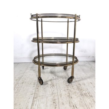 PICCOLO CARRELLO OVALE 3 PIANI VINTAGE OTTONE VETRO DESIGN MIDCENTURY REGENCY 40