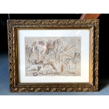 ANTICO DISEGNO CHINA FIRMATO "Nardino" STUDIO COMPOSIZIONE FIGURE RELIGIOSO