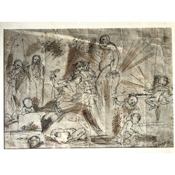 ANTICO DISEGNO CHINA FIRMATO "Nardino" STUDIO COMPOSIZIONE FIGURE RELIGIOSO