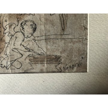 ANTICO DISEGNO CHINA FIRMATO "Nardino" STUDIO COMPOSIZIONE FIGURE RELIGIOSO