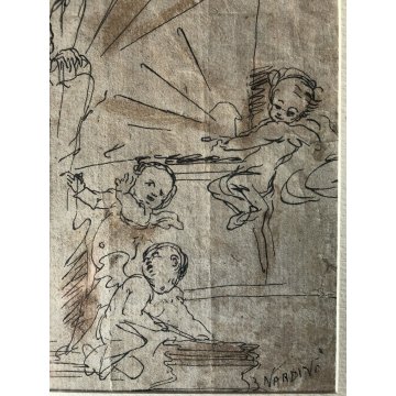 ANTICO DISEGNO CHINA FIRMATO "Nardino" STUDIO COMPOSIZIONE FIGURE RELIGIOSO