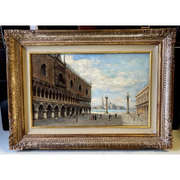 ANTICO QUADRO OLIO A. Ferrari Piazza San Marco VEDUTA FIGURE VENEZIA VEDUTISMO