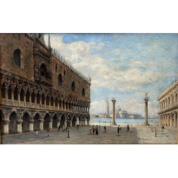 ANTICO QUADRO OLIO A. Ferrari Piazza San Marco VEDUTA FIGURE VENEZIA VEDUTISMO