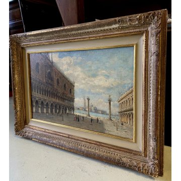 ANTICO QUADRO OLIO A. Ferrari Piazza San Marco VEDUTA FIGURE VENEZIA VEDUTISMO