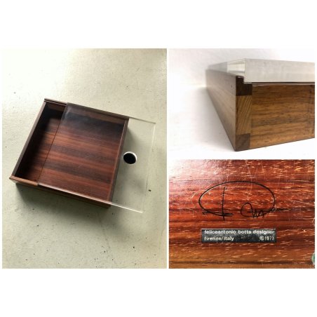 SCATOLA CASSETTO LEGNO COPERCHIO LUCITE MODERN DESIGN F. Botta 30x30x6,5 cm 1973