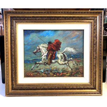 QUADRO DIPINTO OLIO TELA F. Gonzaga "Cavaliere rosso al galoppo" CAVALLO 1967