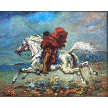 QUADRO DIPINTO OLIO TELA F. Gonzaga "Cavaliere rosso al galoppo" CAVALLO 1967