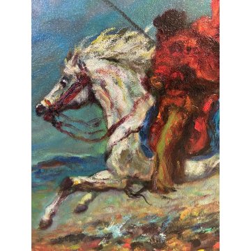 QUADRO DIPINTO OLIO TELA F. Gonzaga "Cavaliere rosso al galoppo" CAVALLO 1967