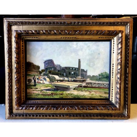 ANTICO DIPINTO OLIO Cesare Gheduzzi VEDUTA Roma Colosseo LANDSCAPE FIGURES 900