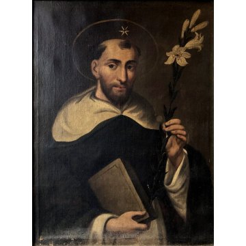 ANTICO DIPINTO OLIO TELA San Domenico STELLA GIGLIO LIBRO RELIGIOSO '700