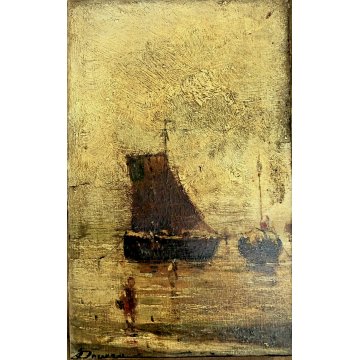 PICCOLO QUADRO DIPINTO OLIO Achille Dovera PAESAGGIO MARINA PORTO PESCATORI MARE