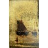 PICCOLO QUADRO DIPINTO OLIO Achille Dovera PAESAGGIO MARINA PORTO PESCATORI MARE