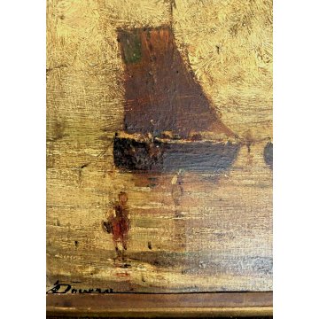 PICCOLO QUADRO DIPINTO OLIO Achille Dovera PAESAGGIO MARINA PORTO PESCATORI MARE