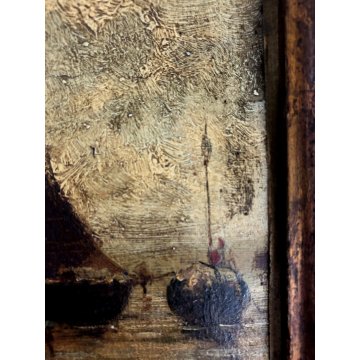 PICCOLO QUADRO DIPINTO OLIO Achille Dovera PAESAGGIO MARINA PORTO PESCATORI MARE