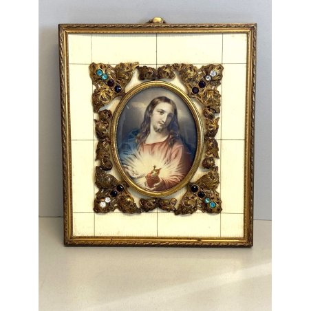 ANTICA MINIATURA RITRATTO GESU CRISTO PREZIOSA CORNICE religioso sacro cuore