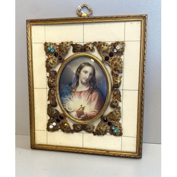 ANTICA MINIATURA RITRATTO GESU CRISTO PREZIOSA CORNICE religioso sacro cuore