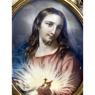 ANTICA MINIATURA RITRATTO GESU CRISTO PREZIOSA CORNICE religioso sacro cuore