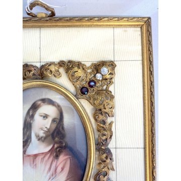 ANTICA MINIATURA RITRATTO GESU CRISTO PREZIOSA CORNICE religioso sacro cuore