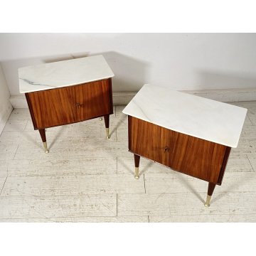 COPPIA COMODINI DESIGN ANNI 70 CAMERA LETTO VINTAGE LEGNO MARMO OTTONE OLD 2 ANT