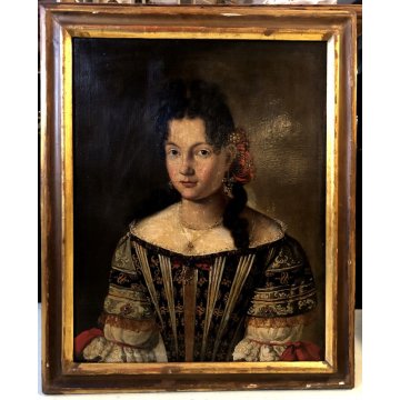 ANTICO QUADRO RITRATTO FEMMINILE GIOVANE DAMA NOBILDONNA PERLE EPOCA '700