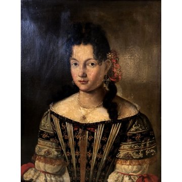 ANTICO QUADRO RITRATTO FEMMINILE GIOVANE DAMA NOBILDONNA PERLE EPOCA '700