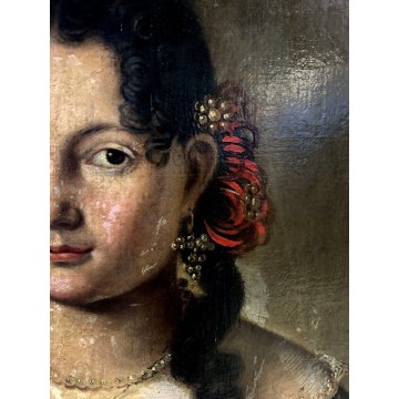 ANTICO QUADRO RITRATTO FEMMINILE GIOVANE DAMA NOBILDONNA PERLE EPOCA '700