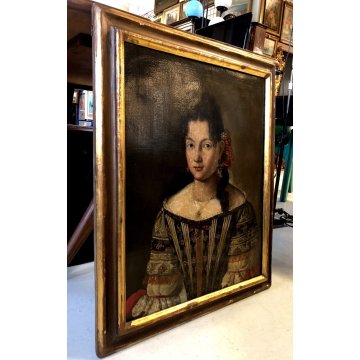 ANTICO QUADRO RITRATTO FEMMINILE GIOVANE DAMA NOBILDONNA PERLE EPOCA '700