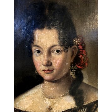 ANTICO QUADRO RITRATTO FEMMINILE GIOVANE DAMA NOBILDONNA PERLE EPOCA '700