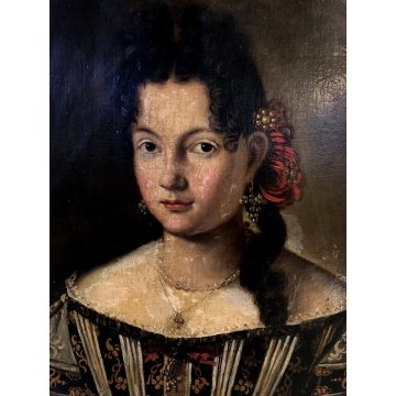 ANTICO QUADRO RITRATTO FEMMINILE GIOVANE DAMA NOBILDONNA PERLE EPOCA '700