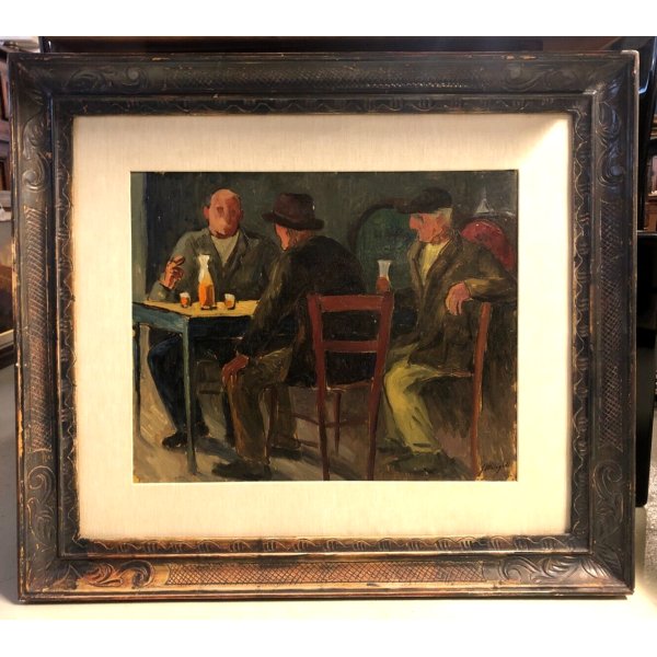 QUADRO DIPINTO OLIO Giuseppe Malagodi SCENA GENERE OSTERIA UOMINI TAVOLO VINO