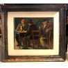 QUADRO DIPINTO OLIO Giuseppe Malagodi SCENA GENERE OSTERIA UOMINI TAVOLO VINO