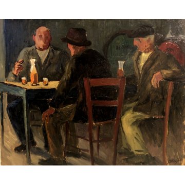 QUADRO DIPINTO OLIO Giuseppe Malagodi SCENA GENERE OSTERIA UOMINI TAVOLO VINO